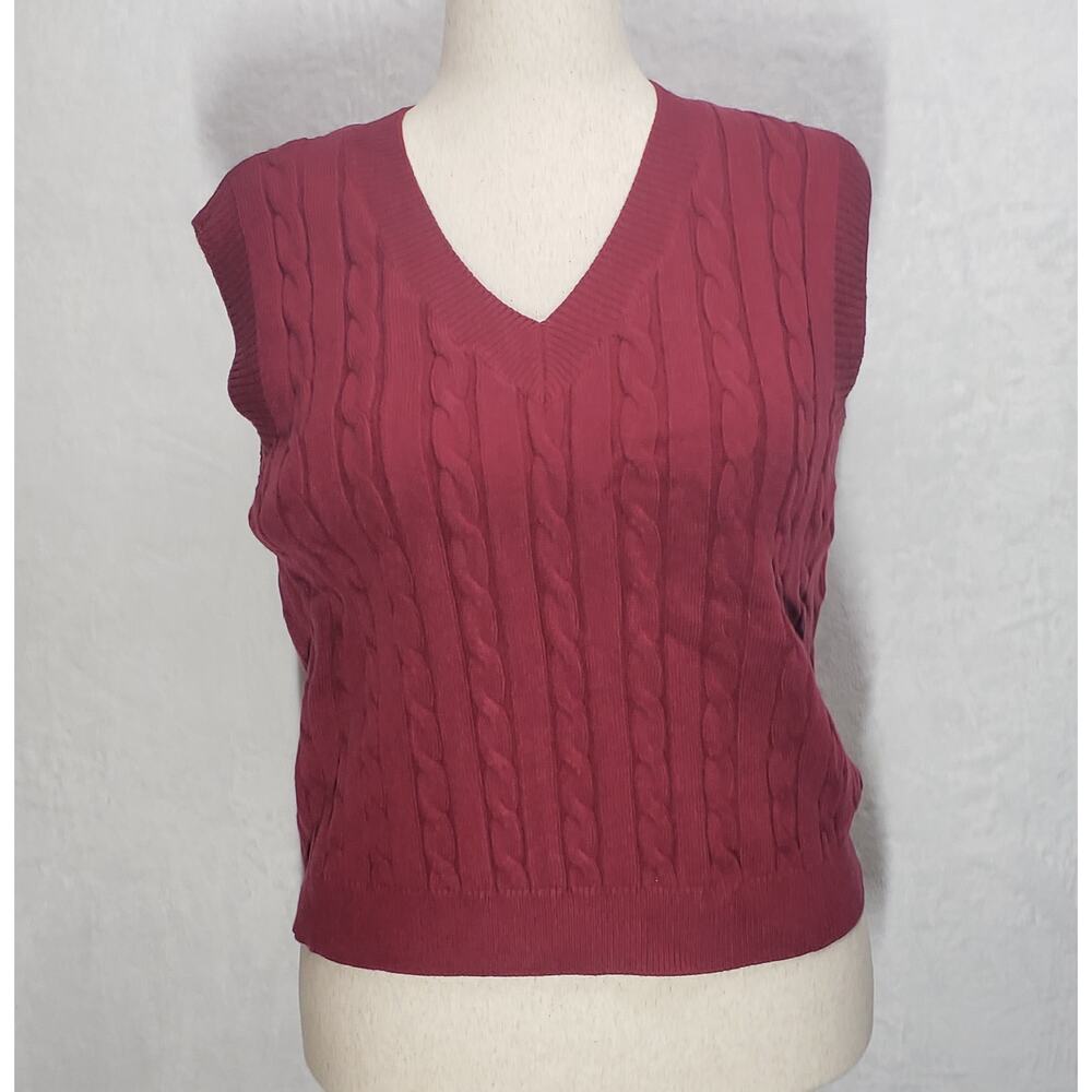 Elesol Burgundy Cable Knit Sweater Vest V-Neck XL NWT | Preppy Academia Layering